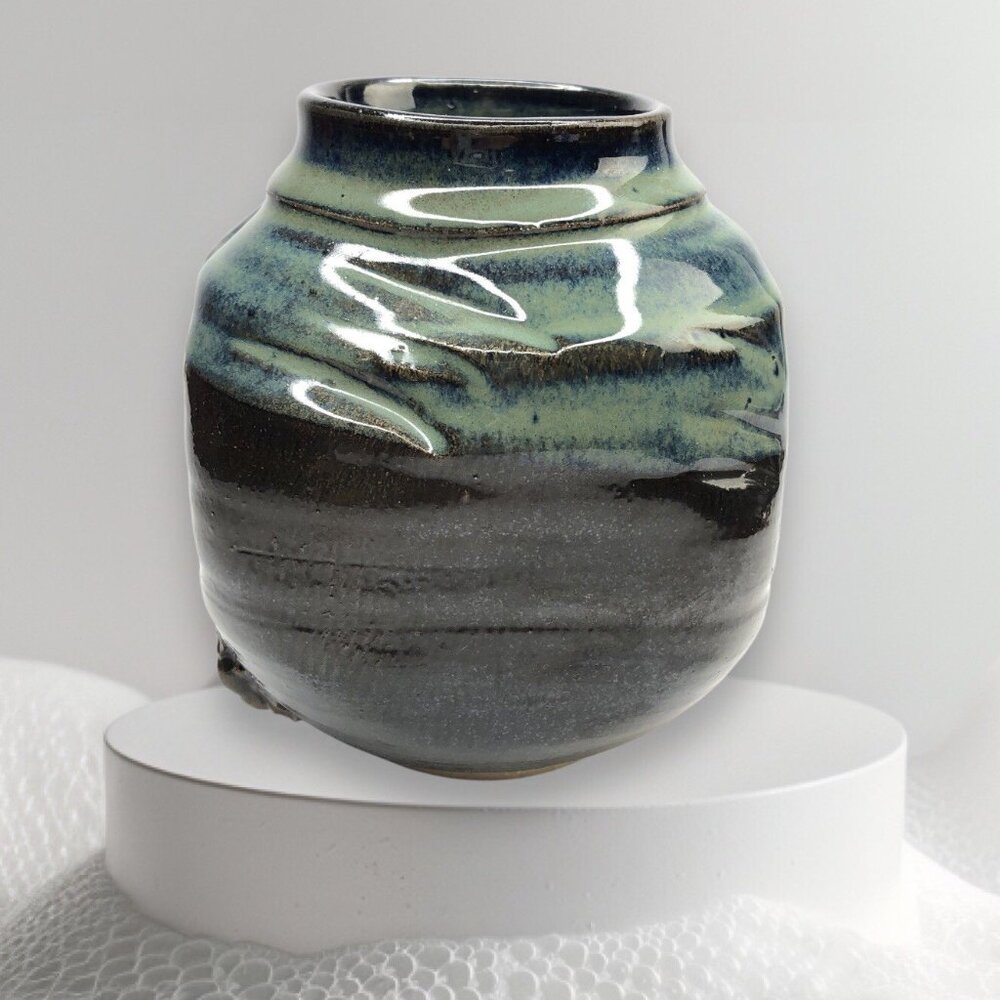 Hand Thrown Blueish Dark Brown Glazed Studio Art Pottery Vase Cherub Signed 5”